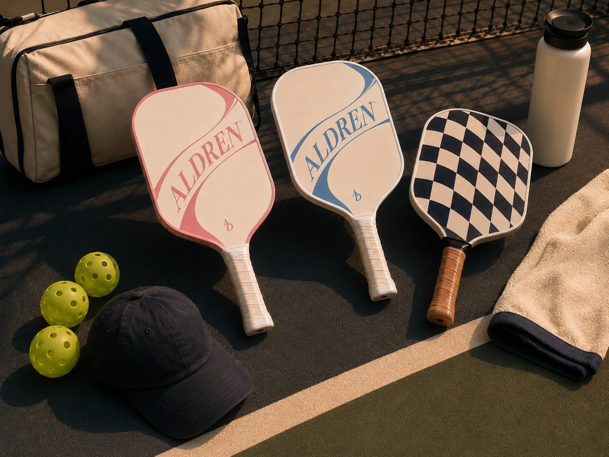 A pickleball paddle resting on a court at sunset