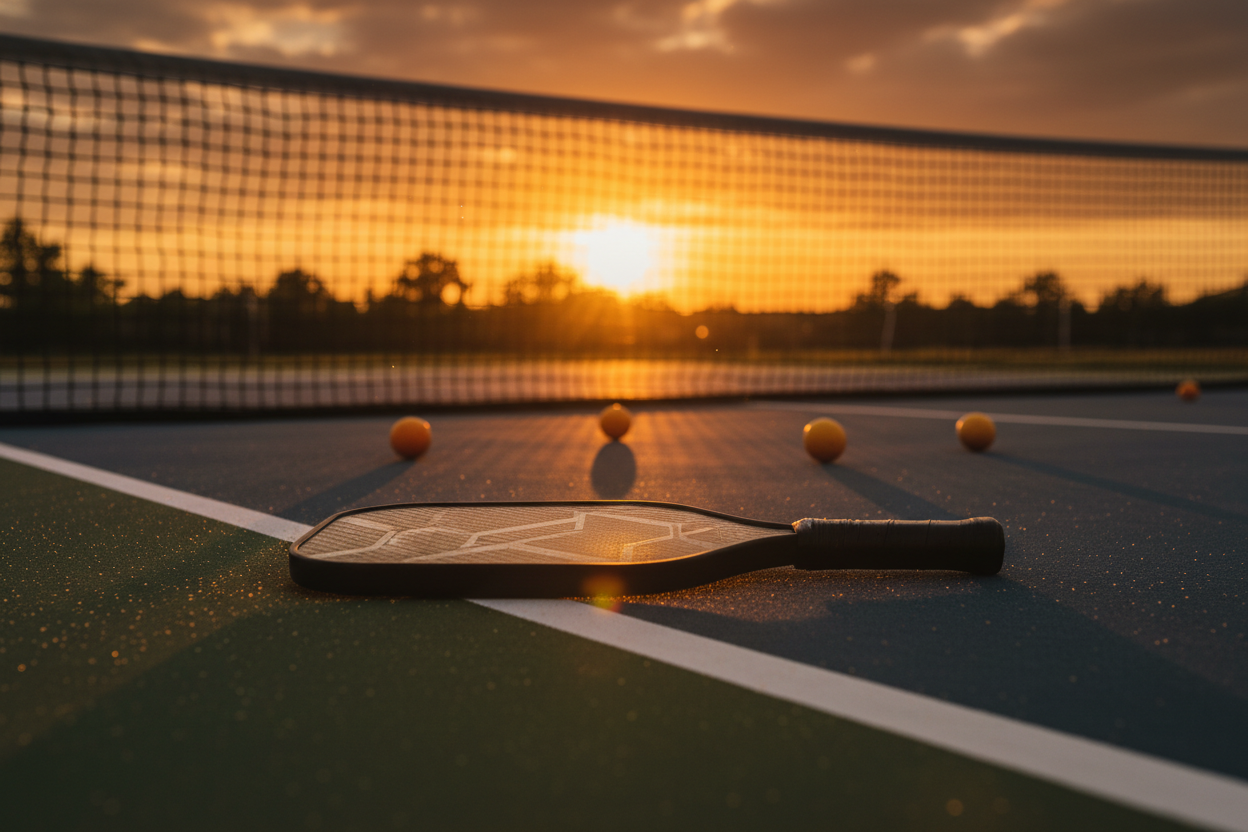 A pickleball paddle resting on a court at sunset
